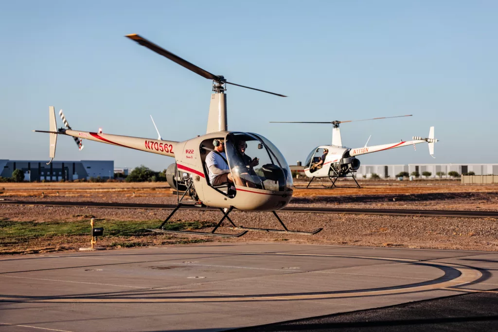 student taking off in helicopter at Quantum